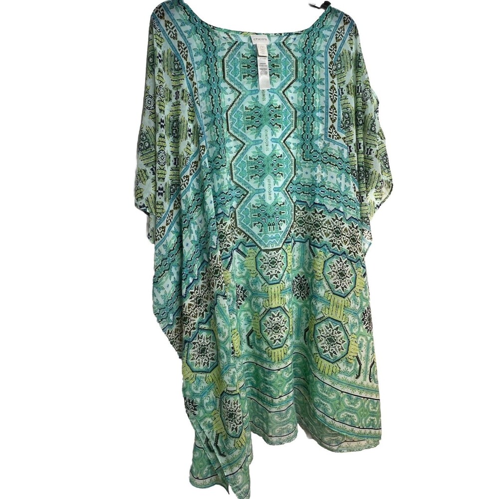 Chicos Moroccan Boho Art Print Kaftan Hippy Top Blouse sz 2 3 / 16 L XL (15)